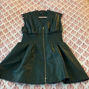 Anthropologie Dark Teal Faux Leather Zip-Front Fit & Flare Dress